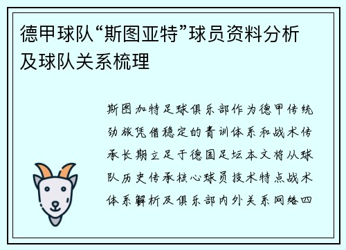 德甲球队“斯图亚特”球员资料分析及球队关系梳理